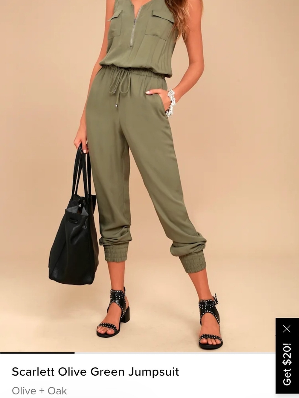 Olive & Oak Sleeveless Olive Utility Drawstring Jumpsuit